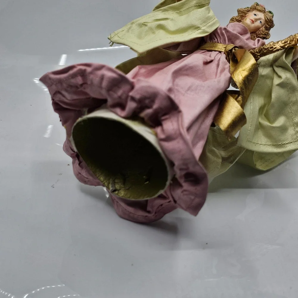Vtg Angel Christmas Tree‎ Topper Figurine Pink Gown Gold Harp Resin Fabric 10